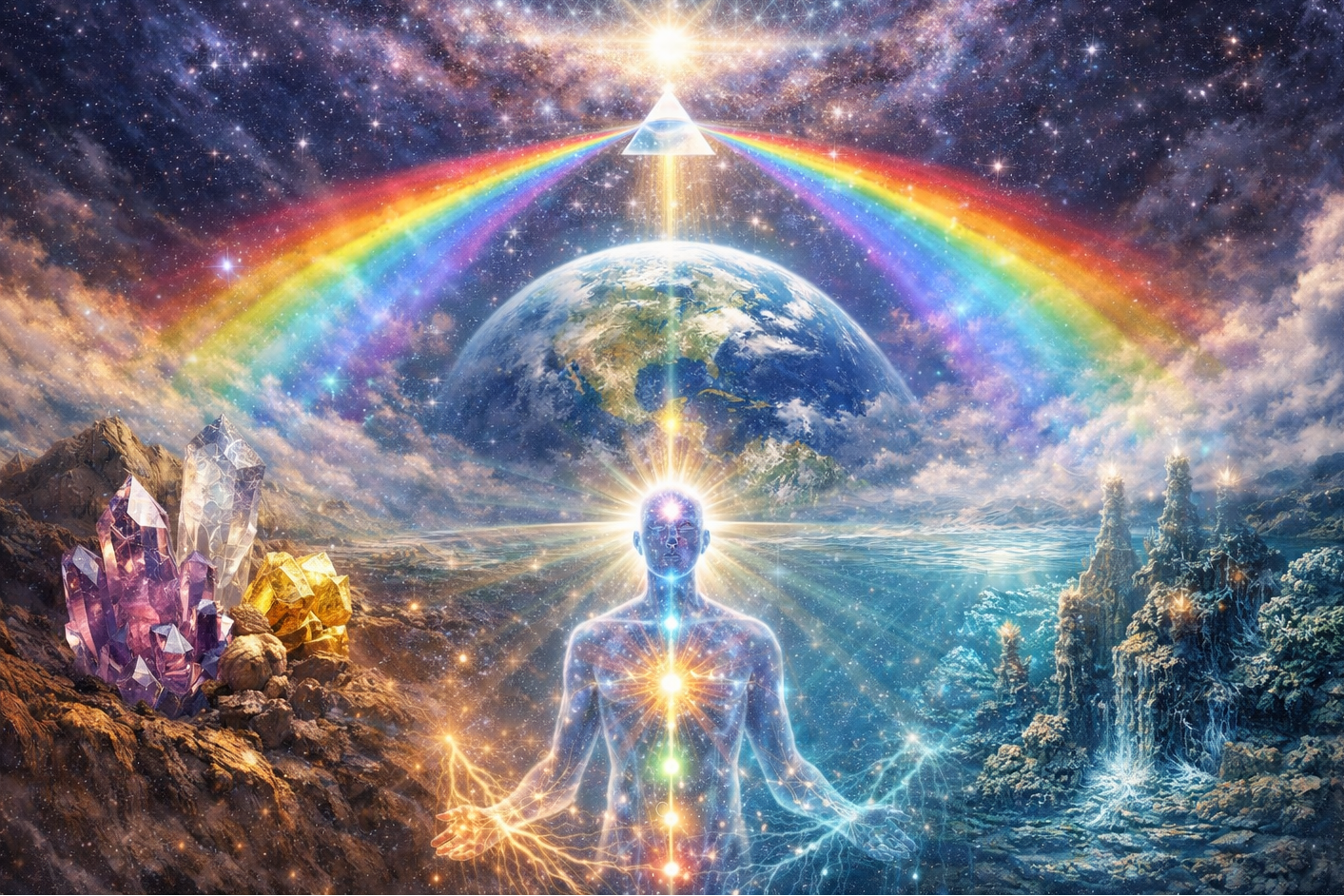 Artistic depiction of a person meditating with a rainbow and Earth in the background